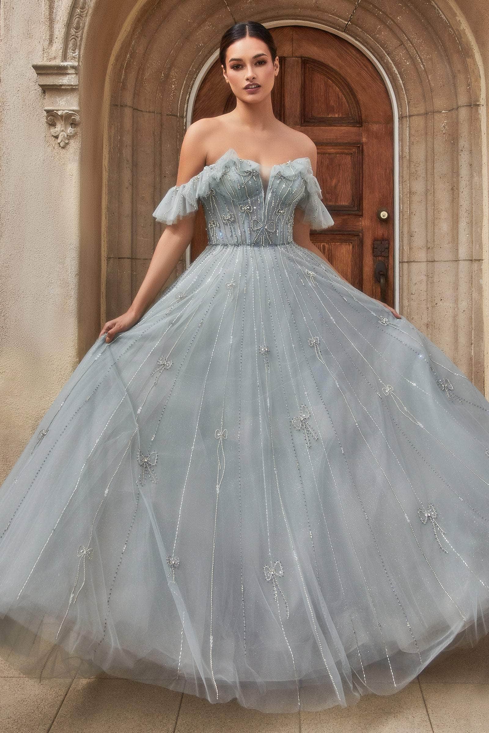 Image of Andrea and Leo A1092 - Off-Shoulder Ruffled Sleeve A-Line Dress