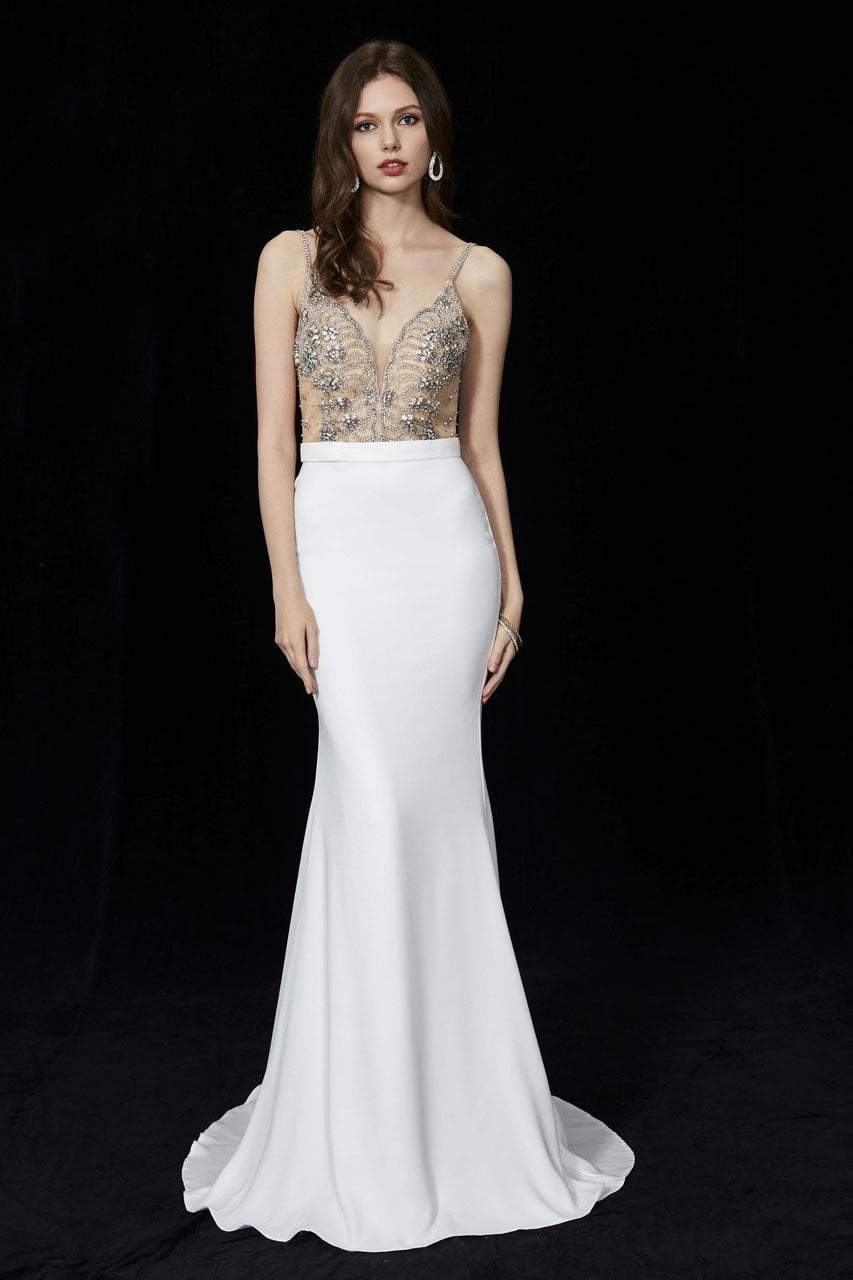 Image of Angela & Alison - 81047 Crystal Embellished Plunging Mermaid Gown