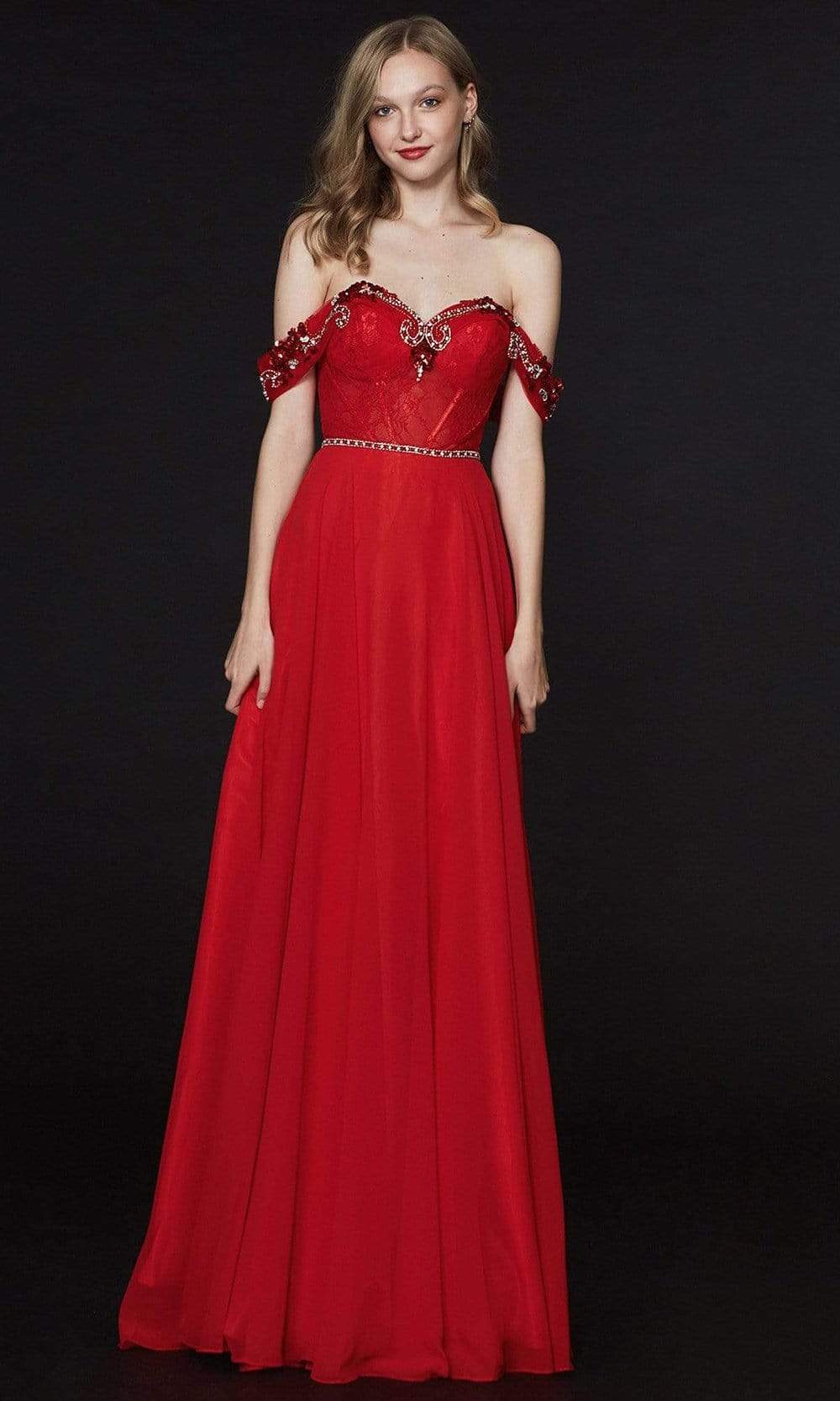 Image of Angela & Alison - 91012 Beaded Lace Off Shoulder Corset Gown