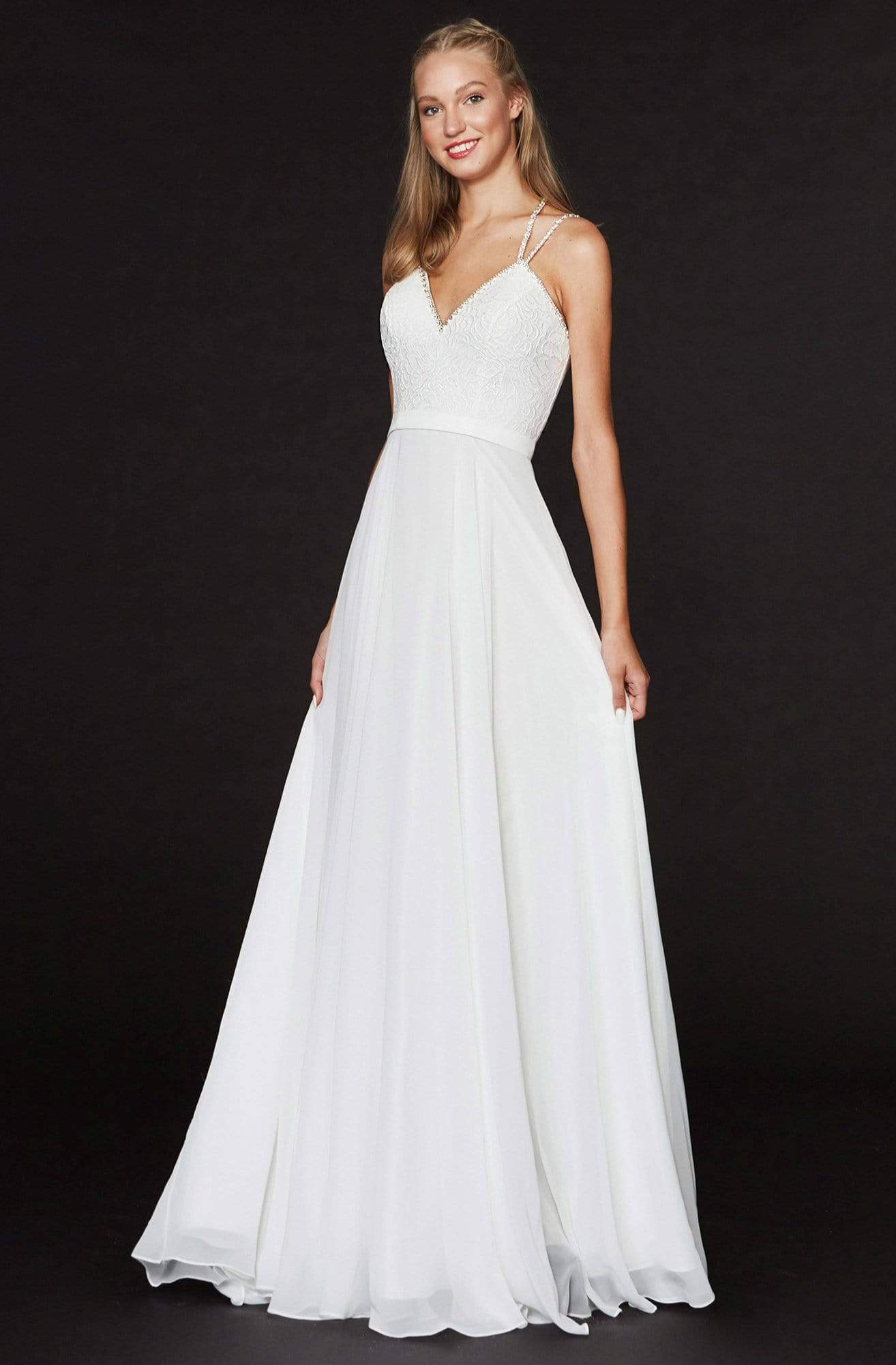 Image of Angela & Alison - 91133 Lace V-neck Chiffon A-line Dress