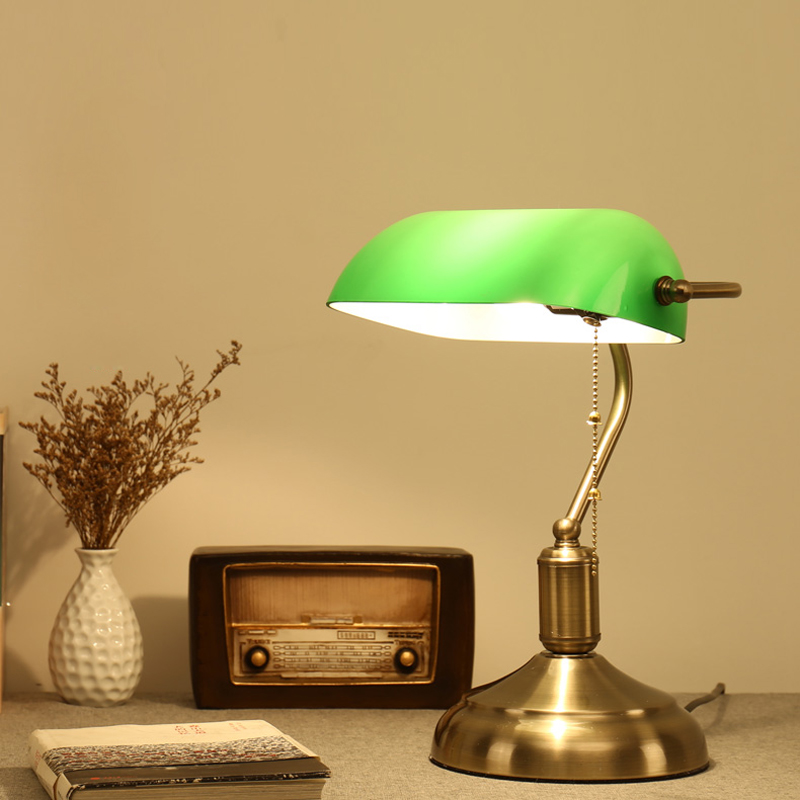 Image of Antique Bronze Desk Lamps Traditional Table Lamp Reading Light Night Green Glass Adjustable Task Brass Lighting Office Bank Bureau Work Study