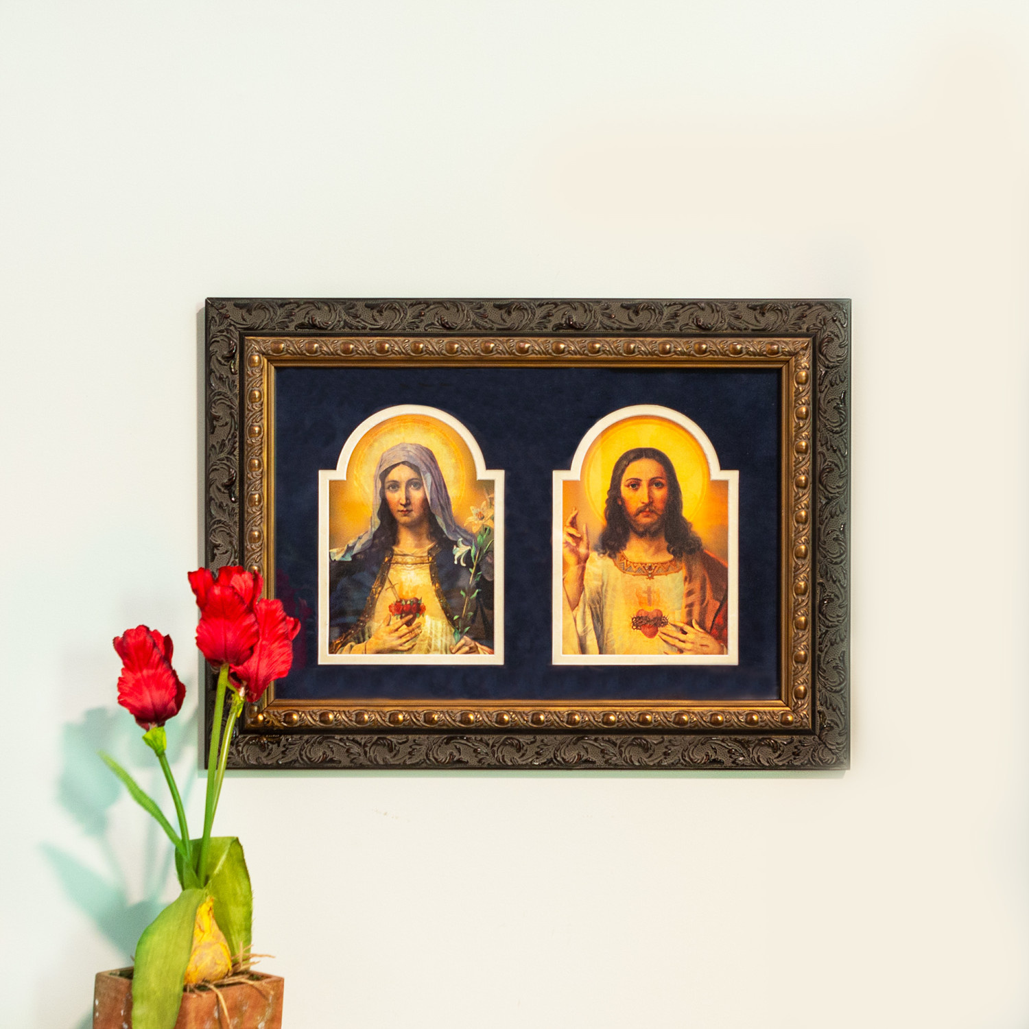 Image of Antique Sacred and Immaculate Hearts (Matted with Dark Ornate Frame)