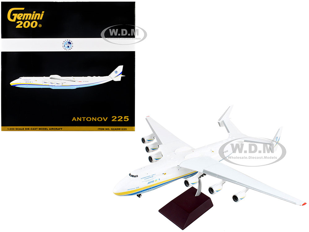 Image of Antonov AN225 Mriya Commercial Aircraft "Antonov Airlines" White with Blue and Yellow Stripes "Gemini 200" Series 1/200 Diecast Model Airplane by Gem