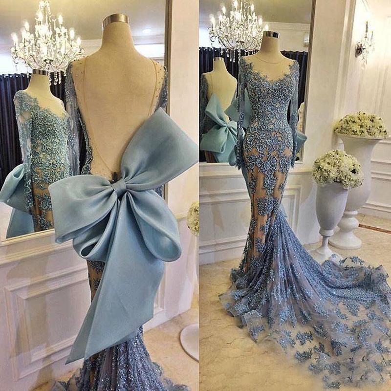 Image of Arabic Dubai Long Sleeve Mermaid Evening Dresses Backless Appliques Lace Blue Party Gowns For Women Bow applique Rhinestone