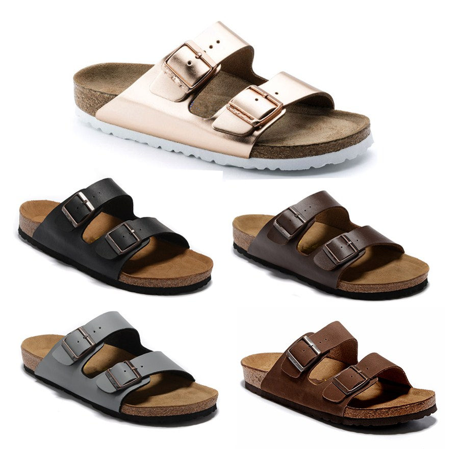 Image of Arizona Women&#039s Cork slippers Flat Sandals Women Double Buckle Famous style Summer Beach design shoes Top Quality Genuine Leather Slipp