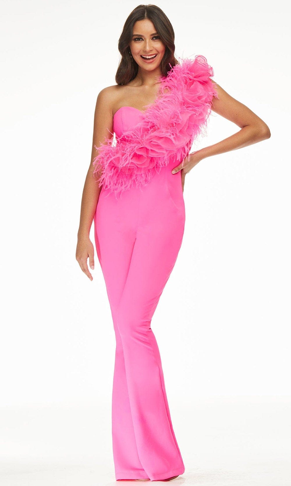 Image of Ashley Lauren - 11106 Feathered Asymmetric Jumpsuit