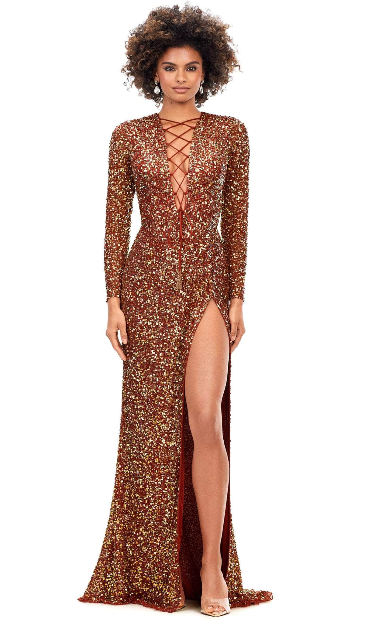 Image of Ashley Lauren 11241 - Lace-Up Long Sleeve Evening Gown