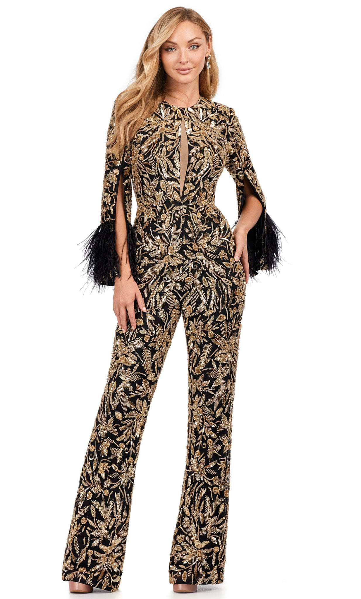 Image of Ashley Lauren 11394 - Feather Detailed Long Sleeve Jumpsuit