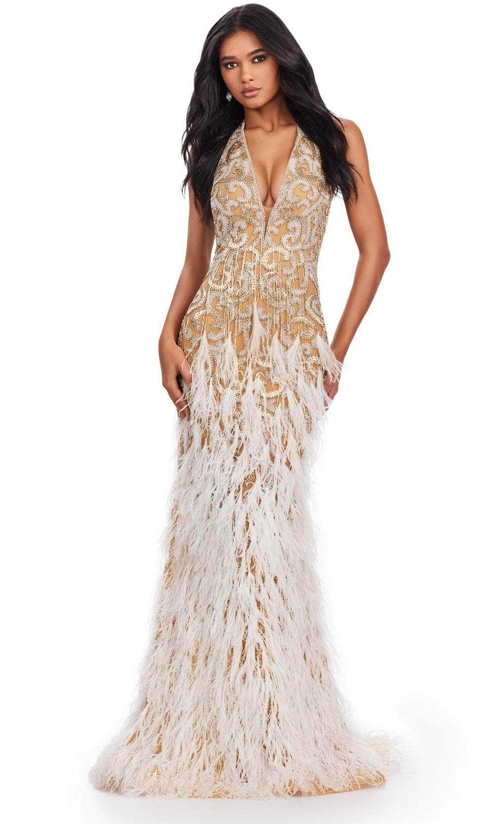 Image of Ashley Lauren 11514 - Fringe Embellished Halter Neck Prom Gown