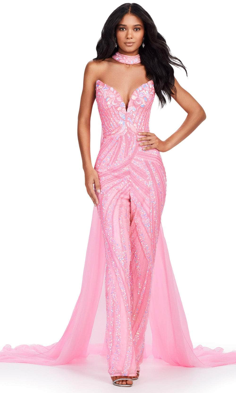 Image of Ashley Lauren 11647 - Strapless Chiffon Cape Jumpsuit