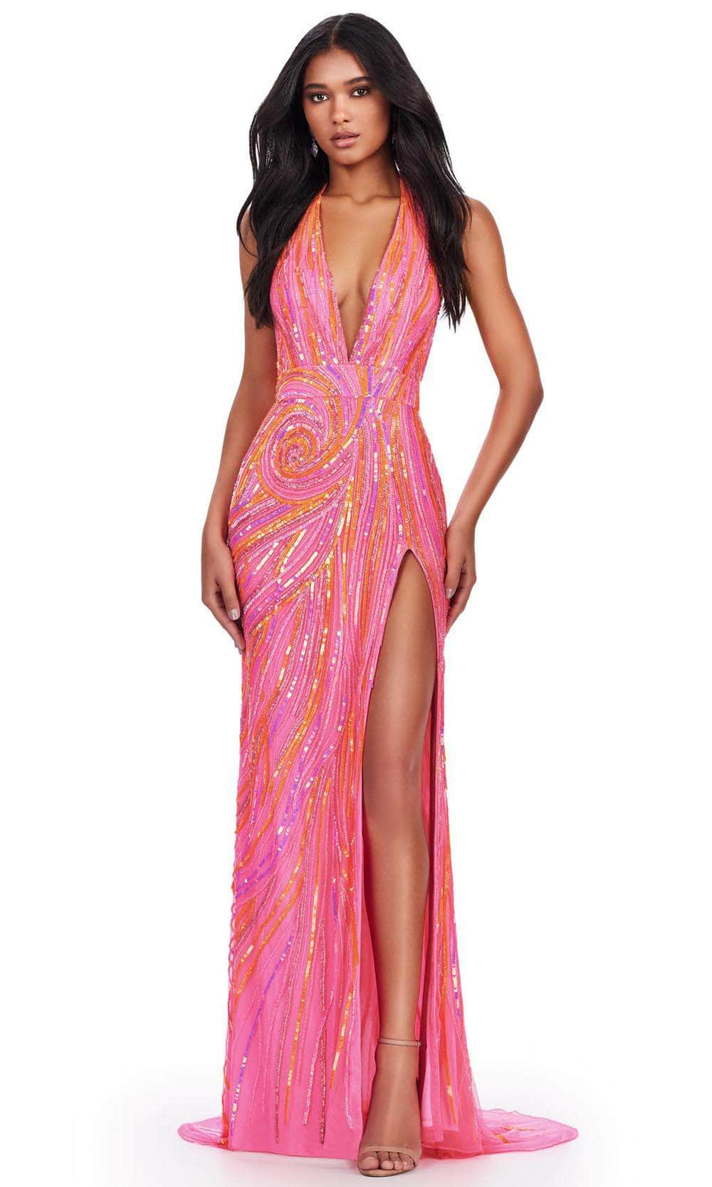 Image of Ashley Lauren 11670 - Plunging Halter Ornate Prom Dress