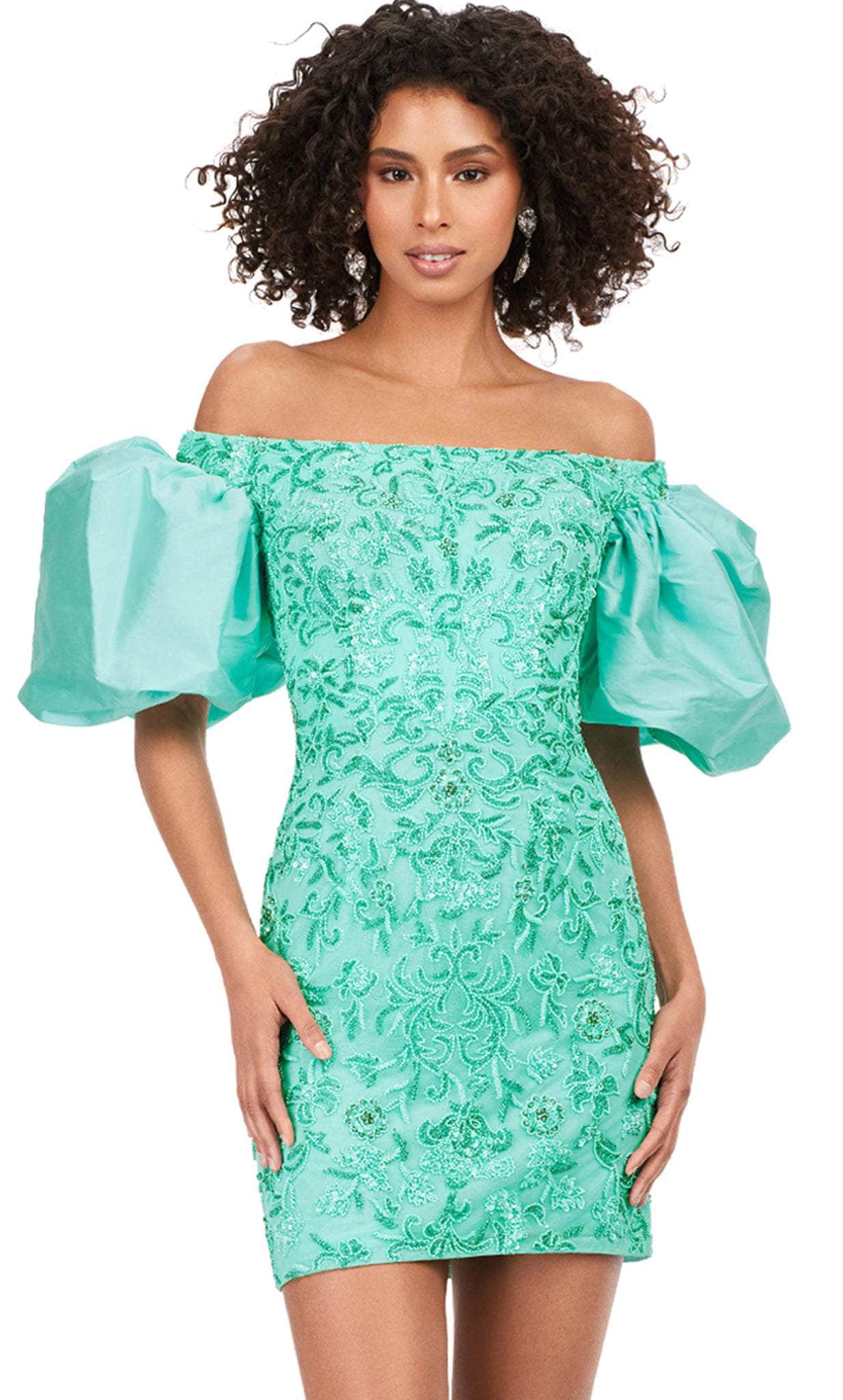 Image of Ashley Lauren 4609 - Oversized Puff Sleeve Beaded Cocktail Dress