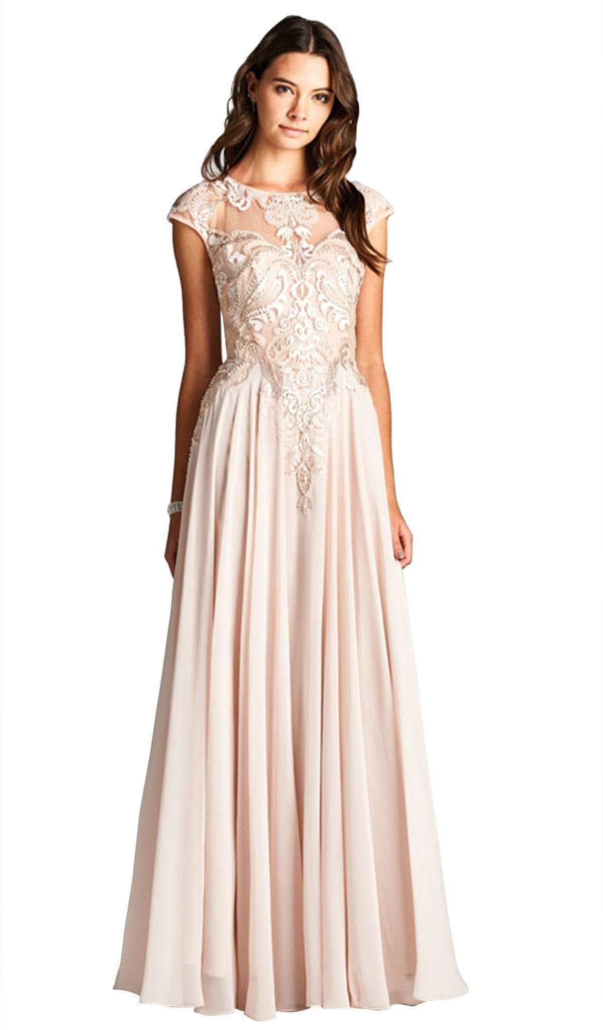Image of Aspeed Design - Applique Jewel Neck A-line Evening Dress