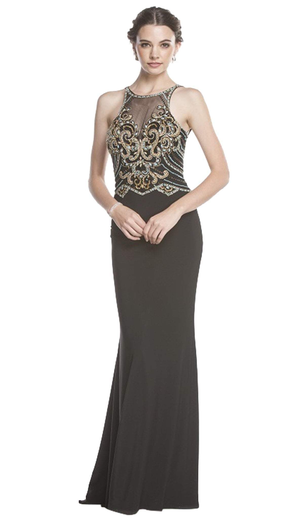 Image of Aspeed Design - Bedazzled Illusion Halter Fitted Evening Dress