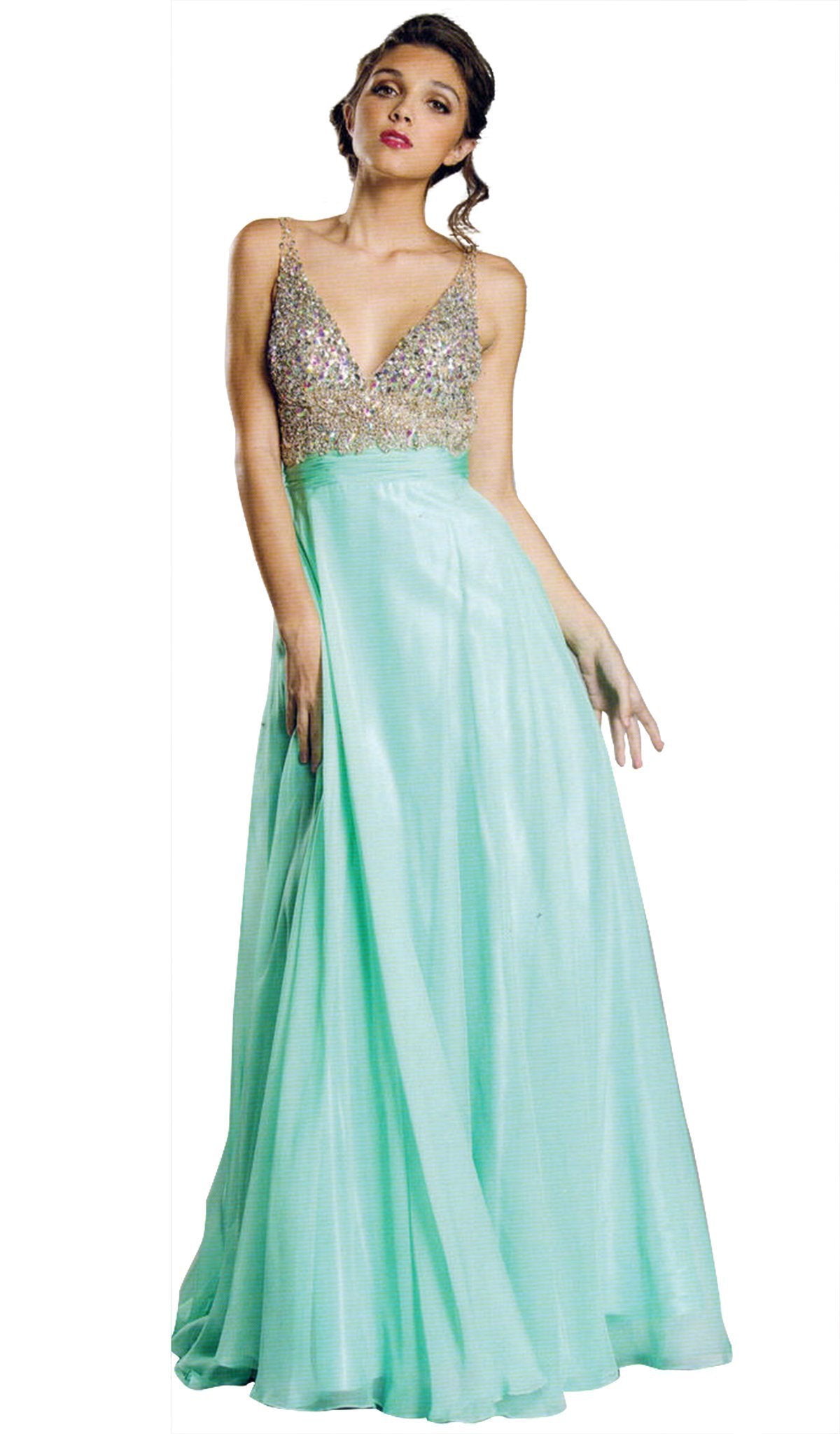 Image of Aspeed Design - Bedazzled Sleeveless Deep V Neckline Prom Dress