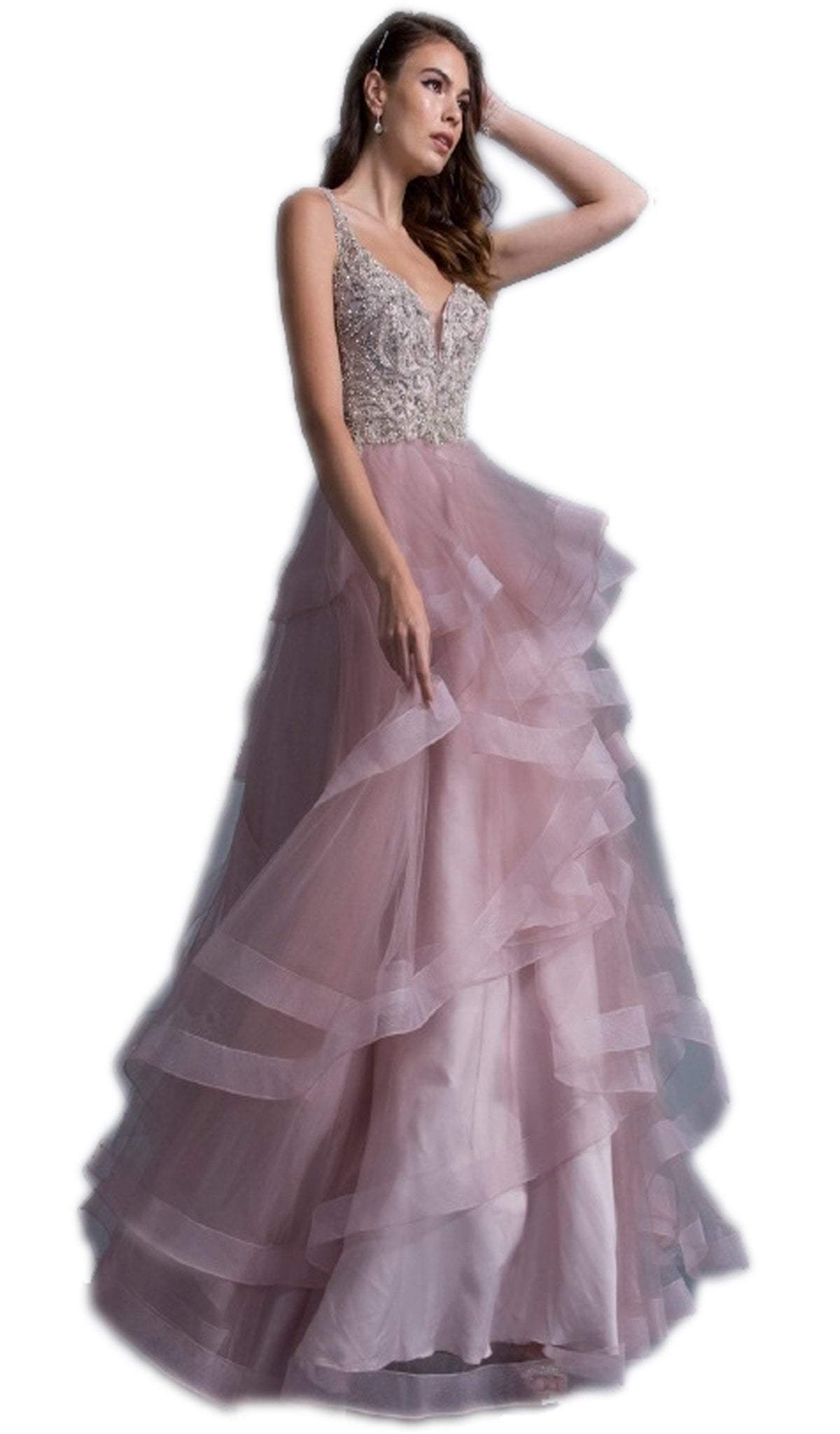 Image of Aspeed Design - Bedazzled V-neck Ruffled A-line Simple Prom Dress