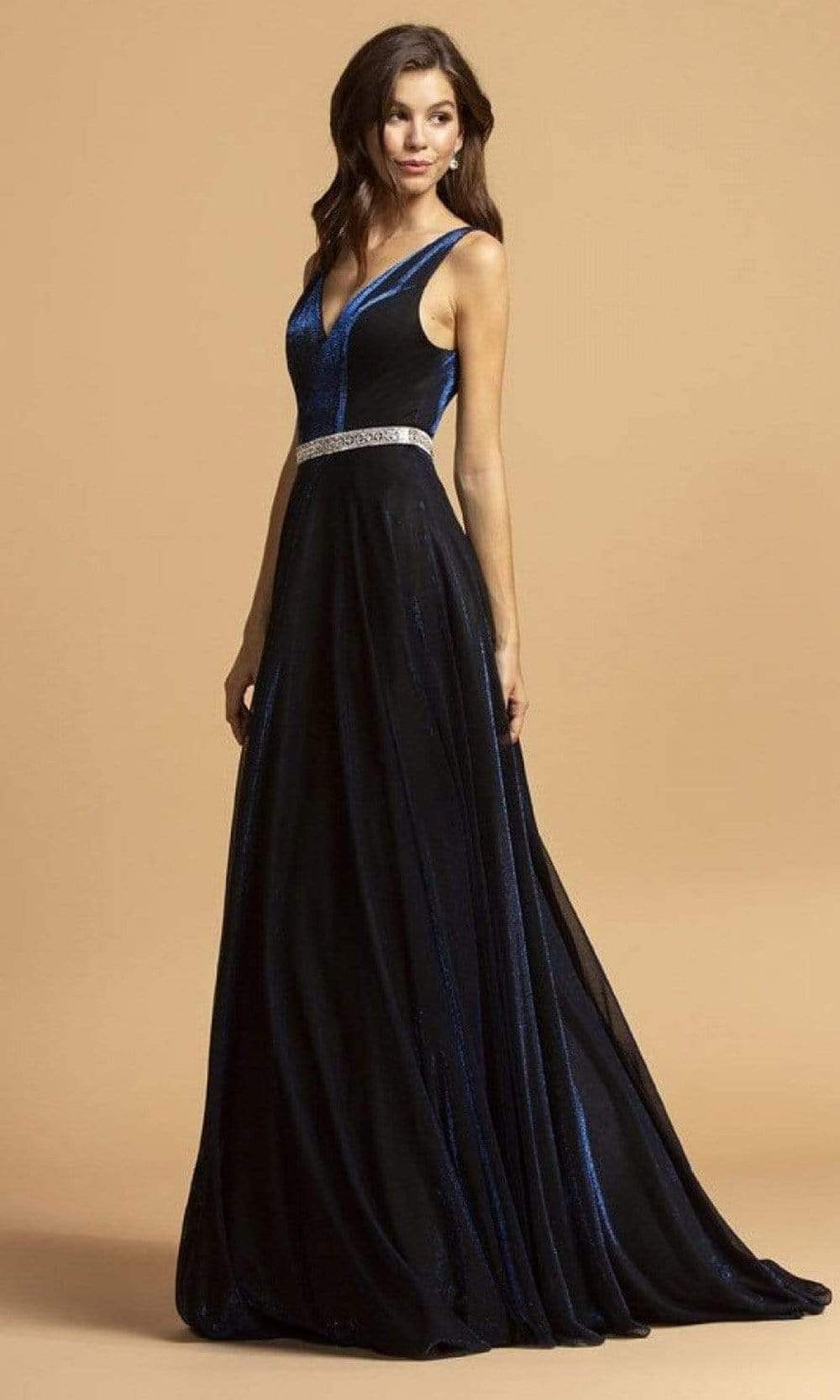 Image of Aspeed Design - D320 V Neck Embellished Velvet A-Line Gown