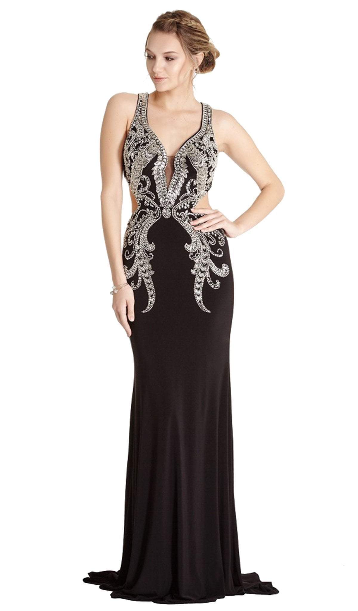 Image of Aspeed Design - Embellished Deep V-neck Sheath Evening Dress