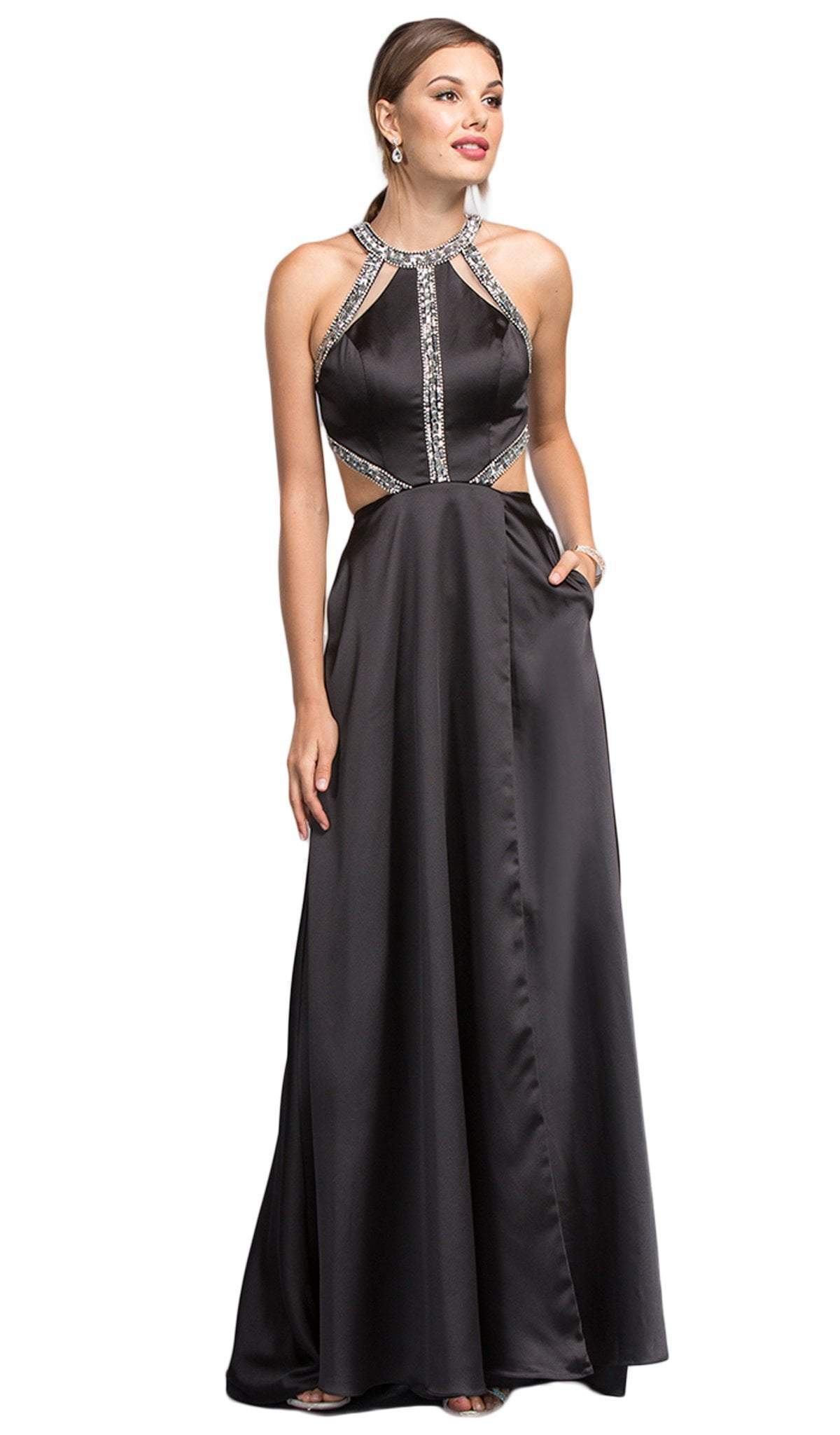 Image of Aspeed Design - Embellished Halter Cutout A-line Evening Dress