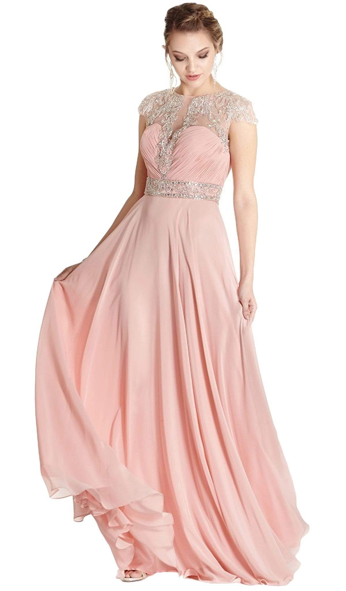 Image of Aspeed Design - Embellished Ruched Illusion Jewel Prom Dress
