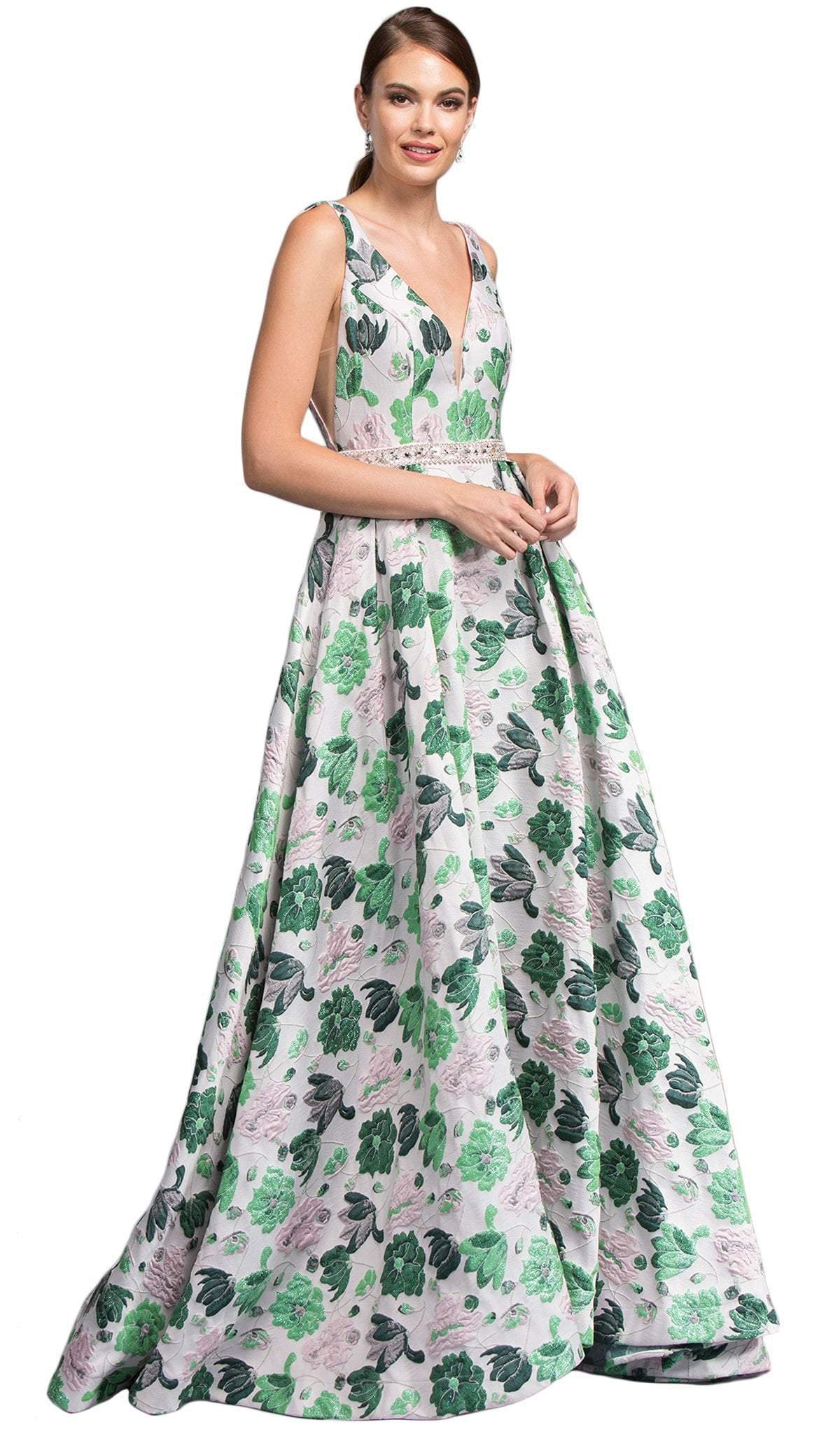 Image of Aspeed Design - Floral Print Deep V-neck A-line Prom Dress