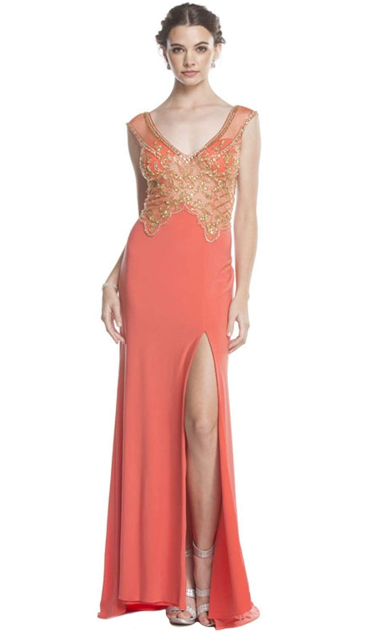 Image of Aspeed Design - Gold Embellished Evening Dress with Slit