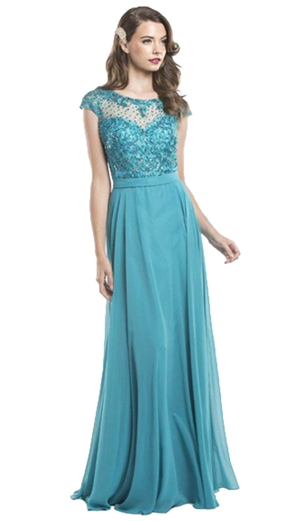 Image of Aspeed Design - Illusion Embroidered Long Formal Teal Dress