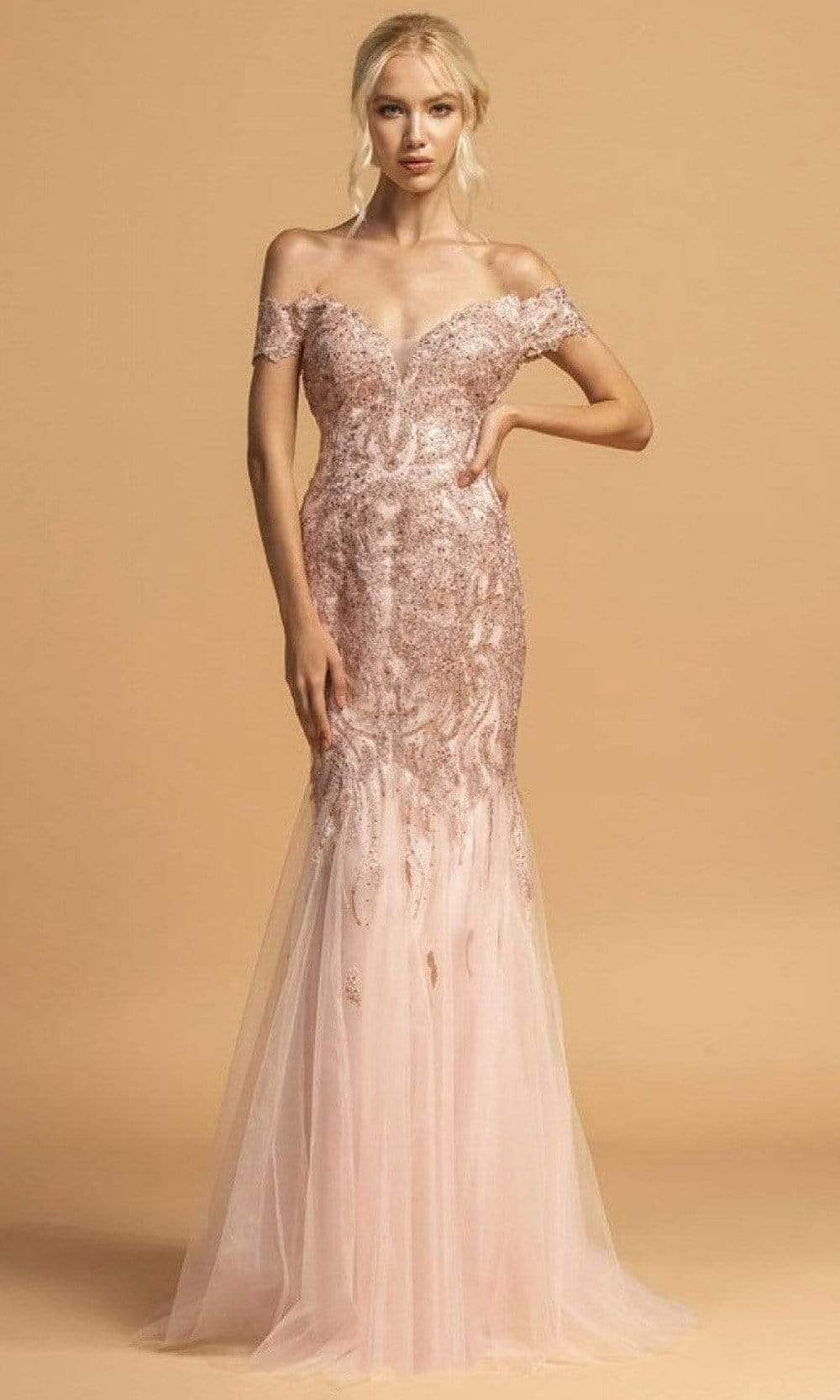 Image of Aspeed Design - L2091 Embroidered Off Shoulder Tulle Gown
