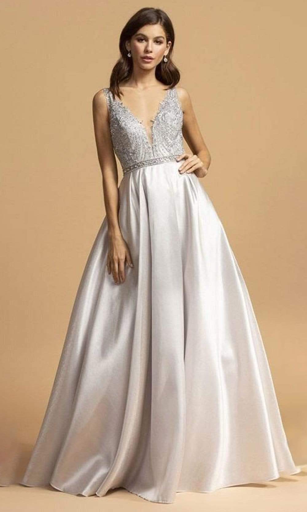 Image of Aspeed Design - L2168 Long Bejeweled Bodice Satin Dress