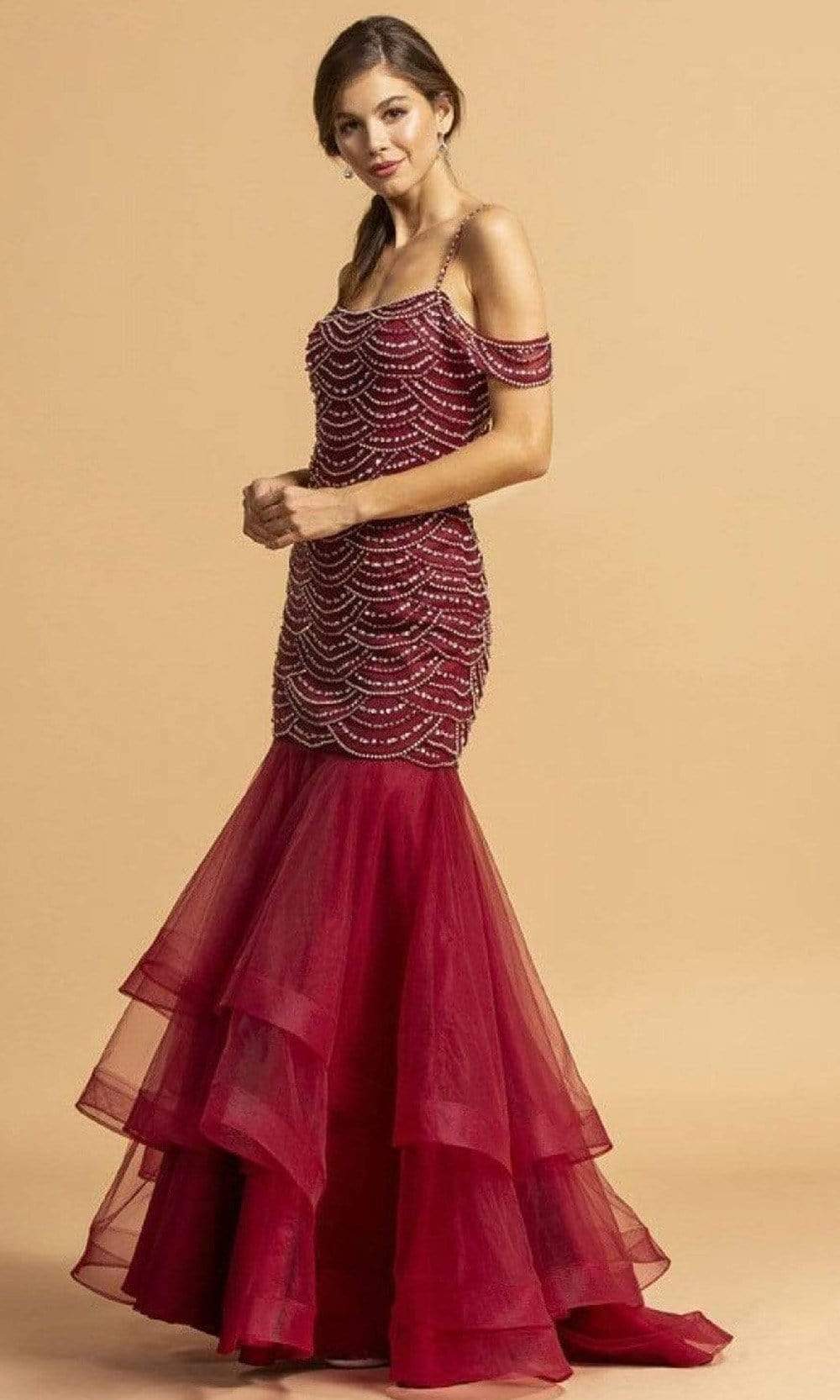 Image of Aspeed Design - L2175 Scallop Motif Cold Shoulder Dress
