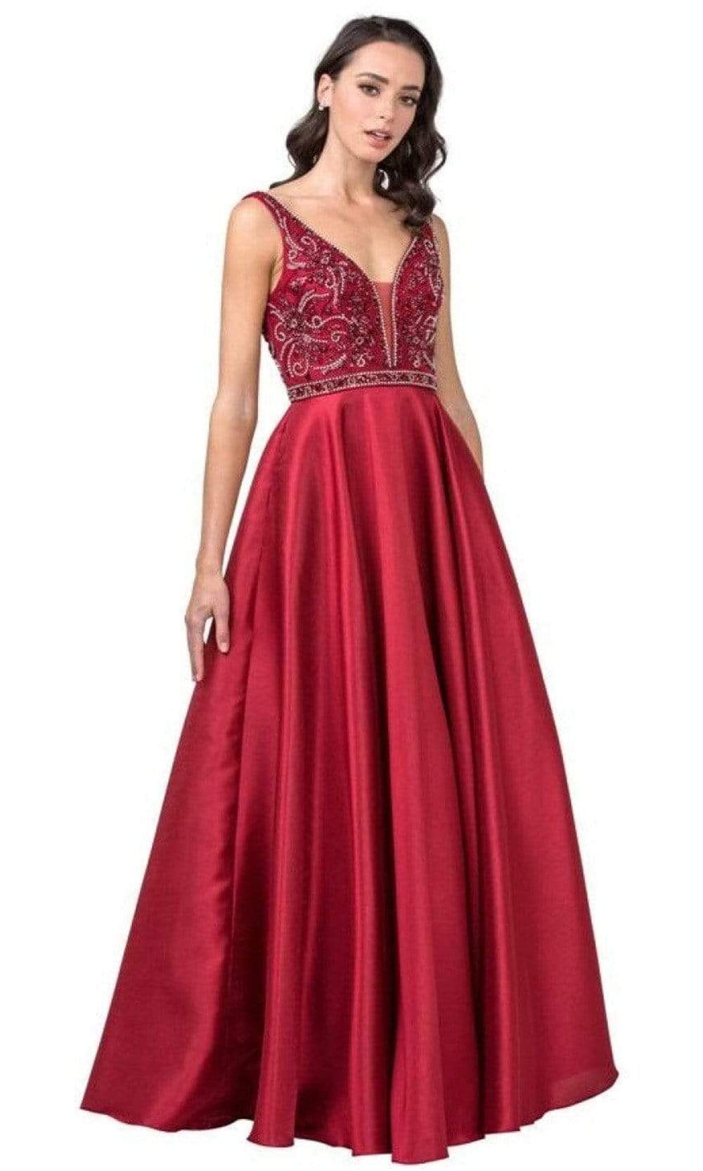 Image of Aspeed Design - L2183 Beaded V-Neck Satin A-Line Dress