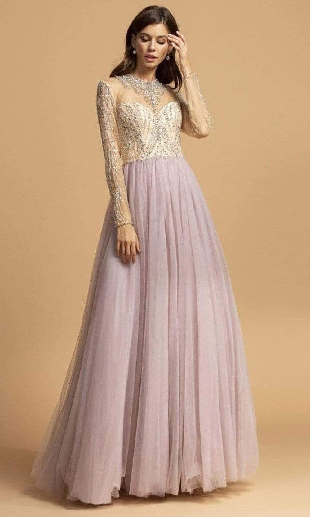 Image of Aspeed Design - L2217 Bejeweled Illusion Long Sleeve Dress