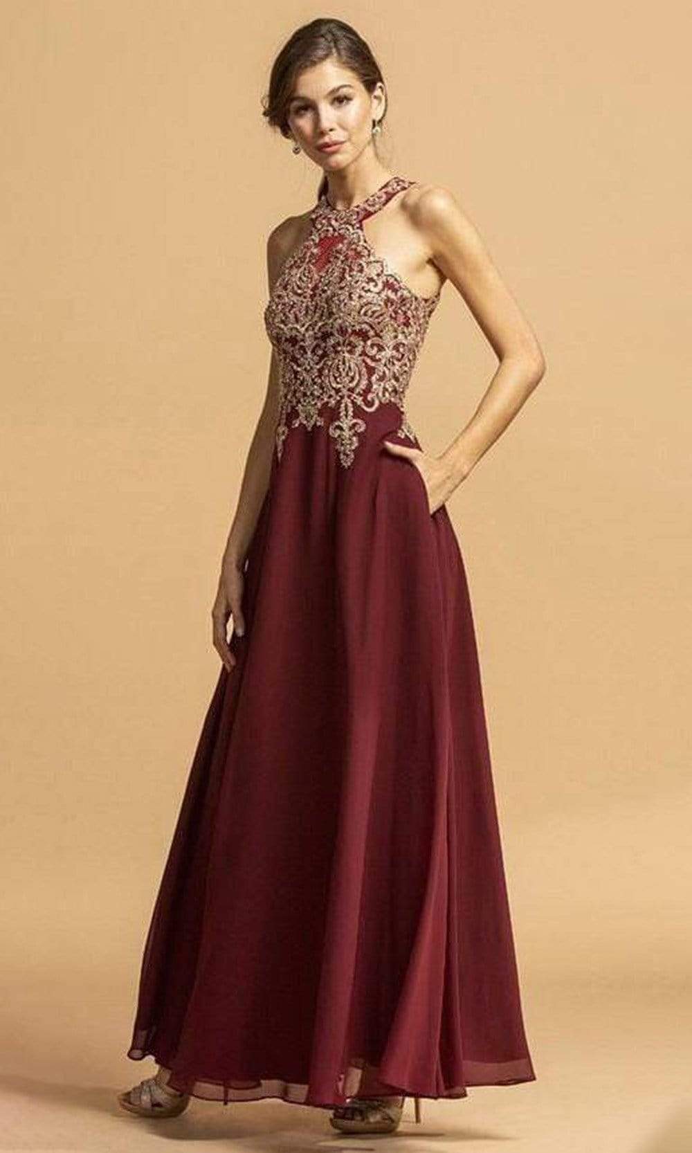 Image of Aspeed Design - L2273 Metallic Applique Halter Chiffon Dress