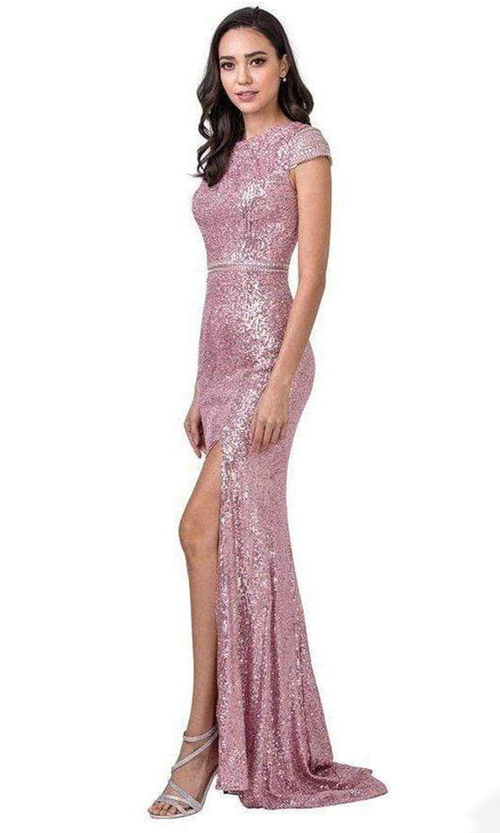 Image of Aspeed Design - L2398 Cap Sleeve Sequined High Slit Dress