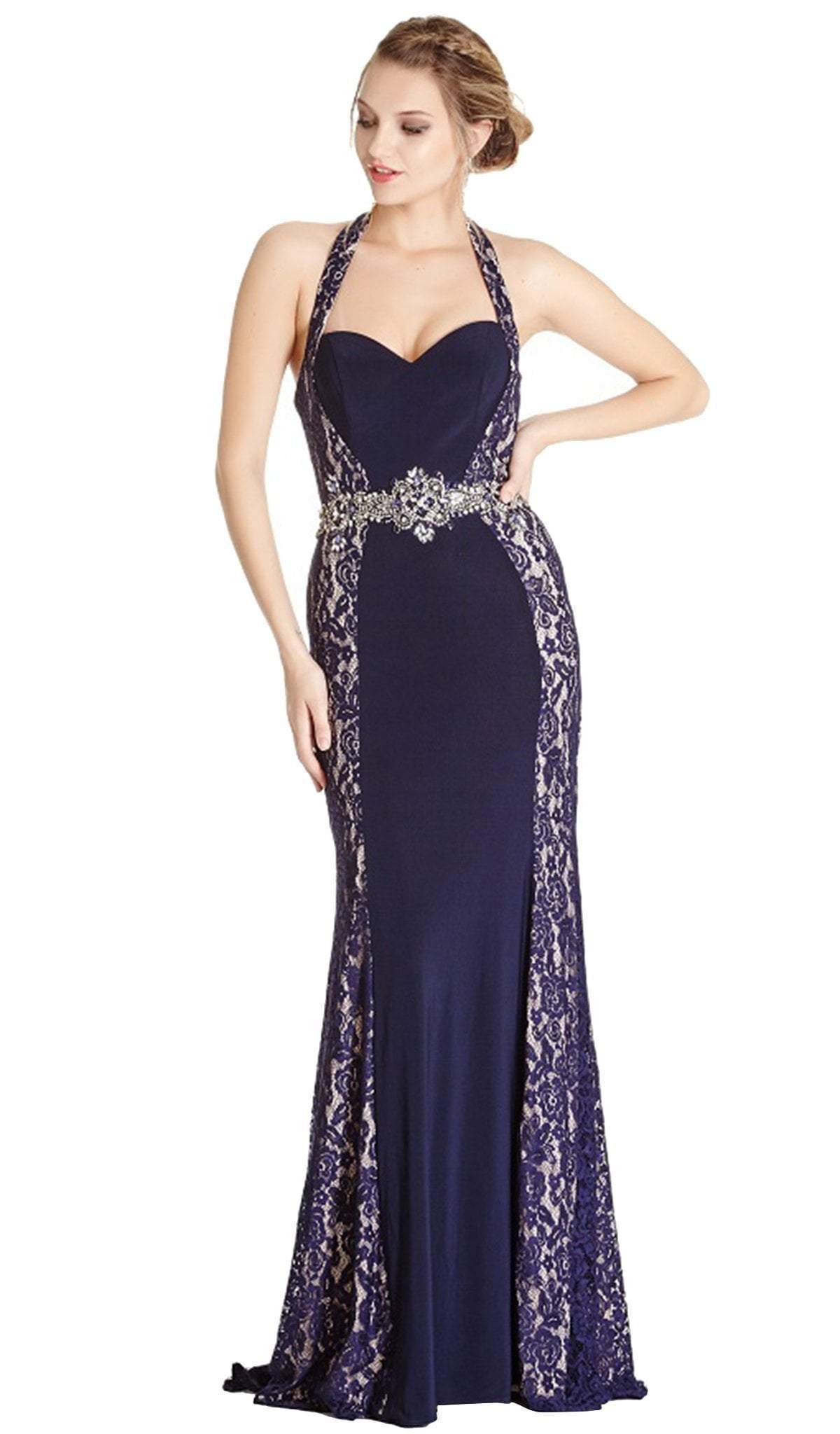 Image of Aspeed Design - Lace Halter Sheath Evening Dress