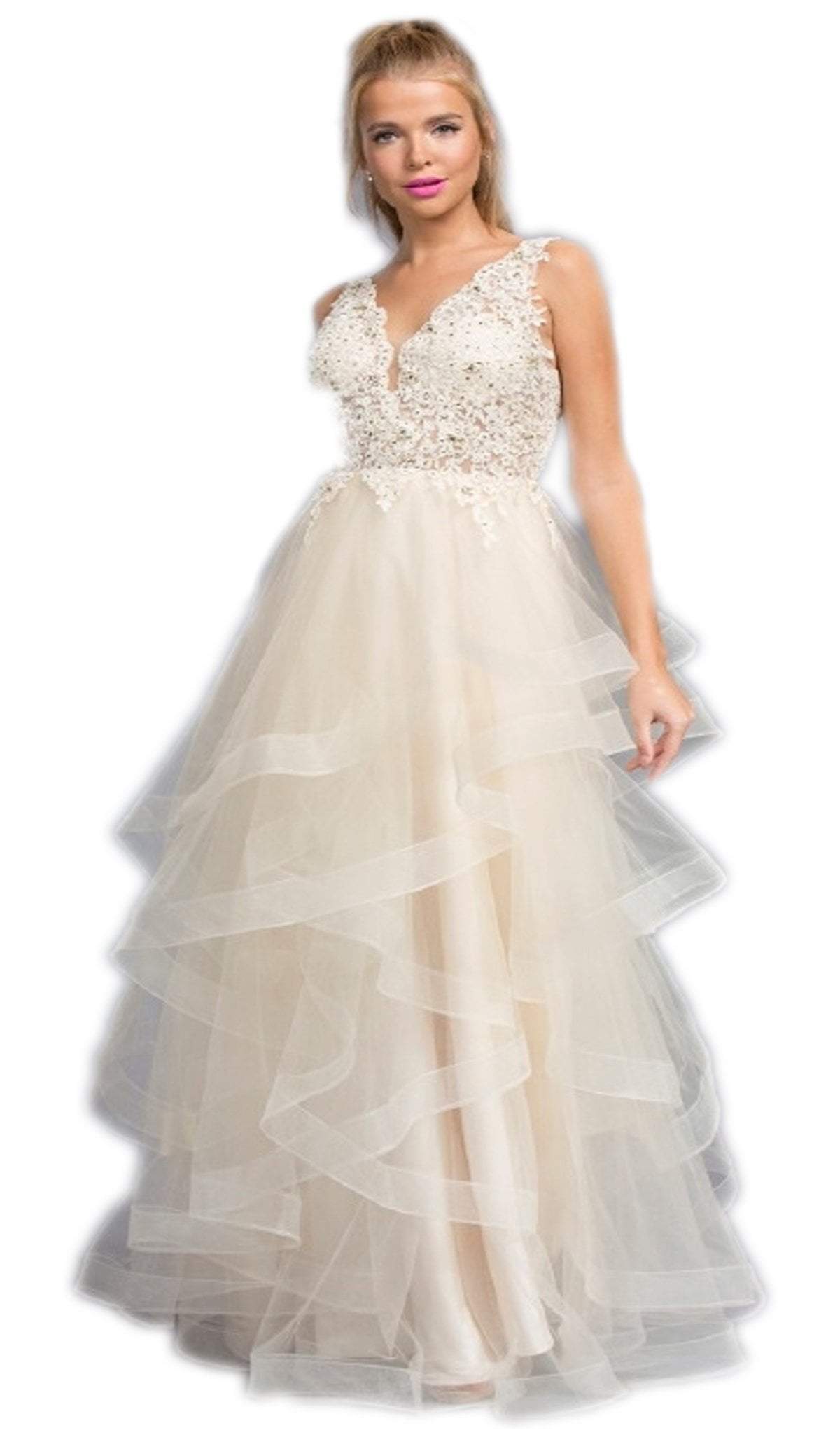 Image of Aspeed Design - Lace V-neck Tiered Ruffled A-line Prom Dress