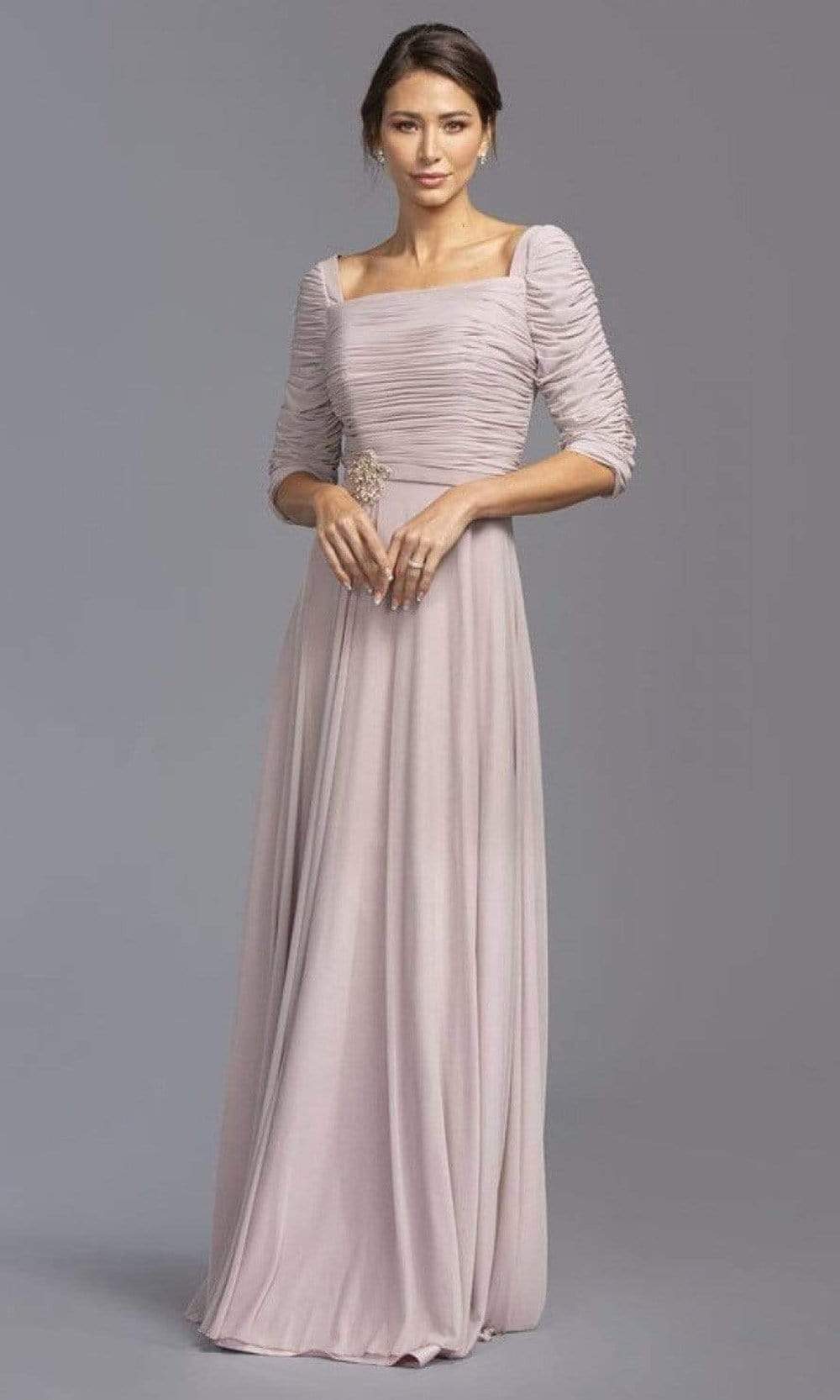 Image of Aspeed Design - M2195 Shirred Brooch Accented Chiffon Dress