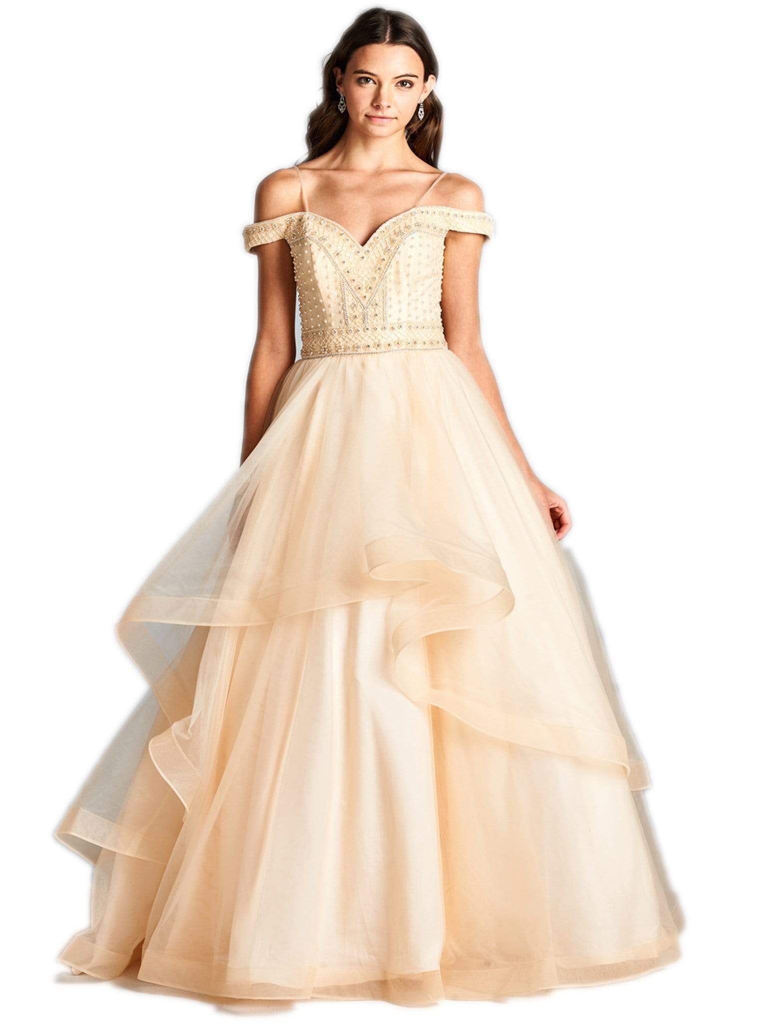 Image of Aspeed Design - Pearl Beaded Off-Shoulder Evening Ballgown