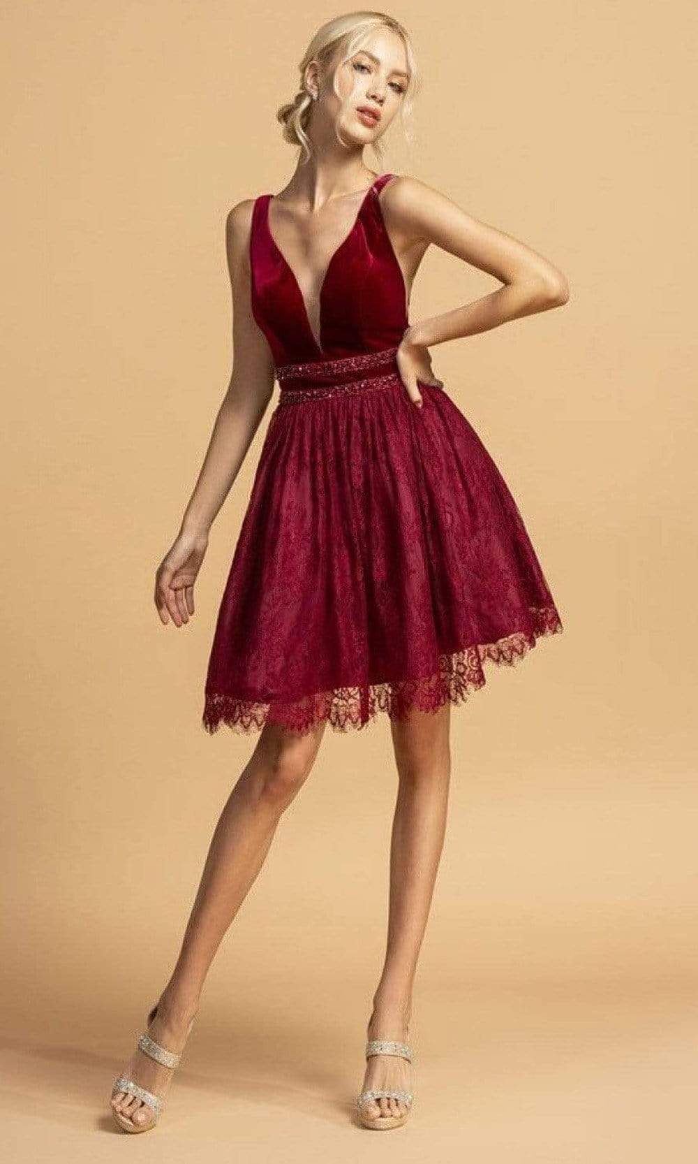 Image of Aspeed Design - S2082 Velvet Bodice Lace Short Dress