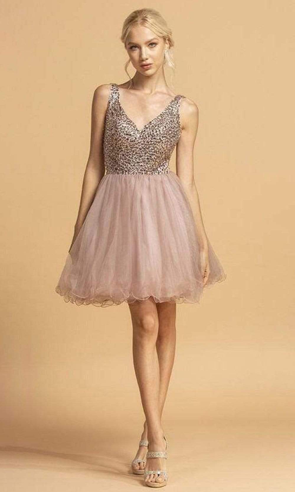 Image of Aspeed Design - S2114 Crystal Beaded Short Tulle Dress