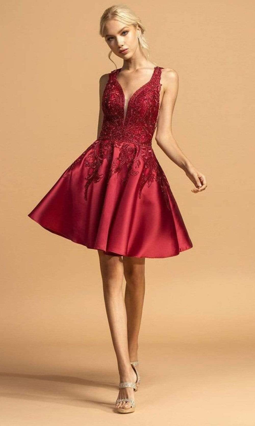 Image of Aspeed Design - S2115 Sleeveless Embroidered Satin Dress