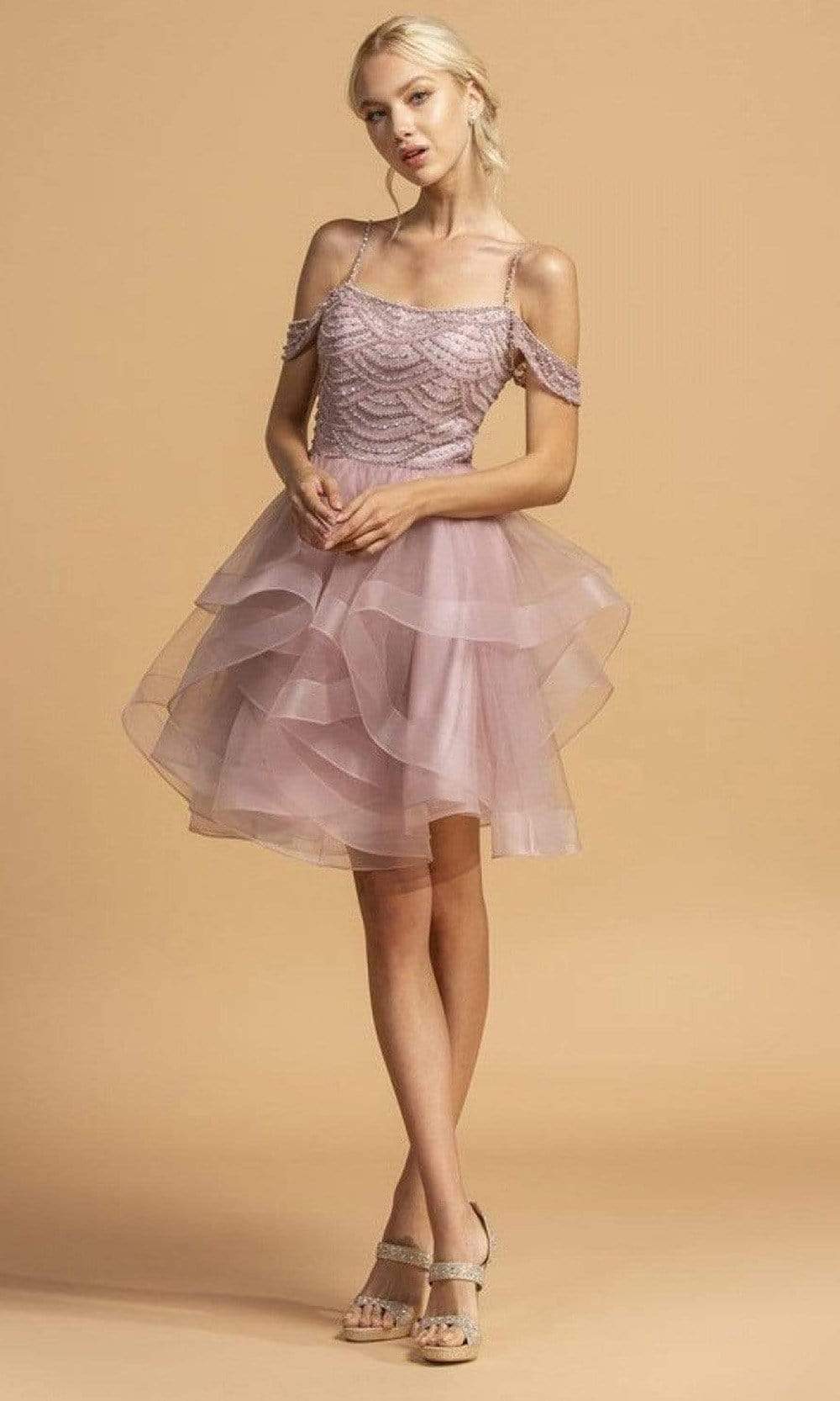 Image of Aspeed Design - S2118 Scallop Motif Cold Shoulder Dress