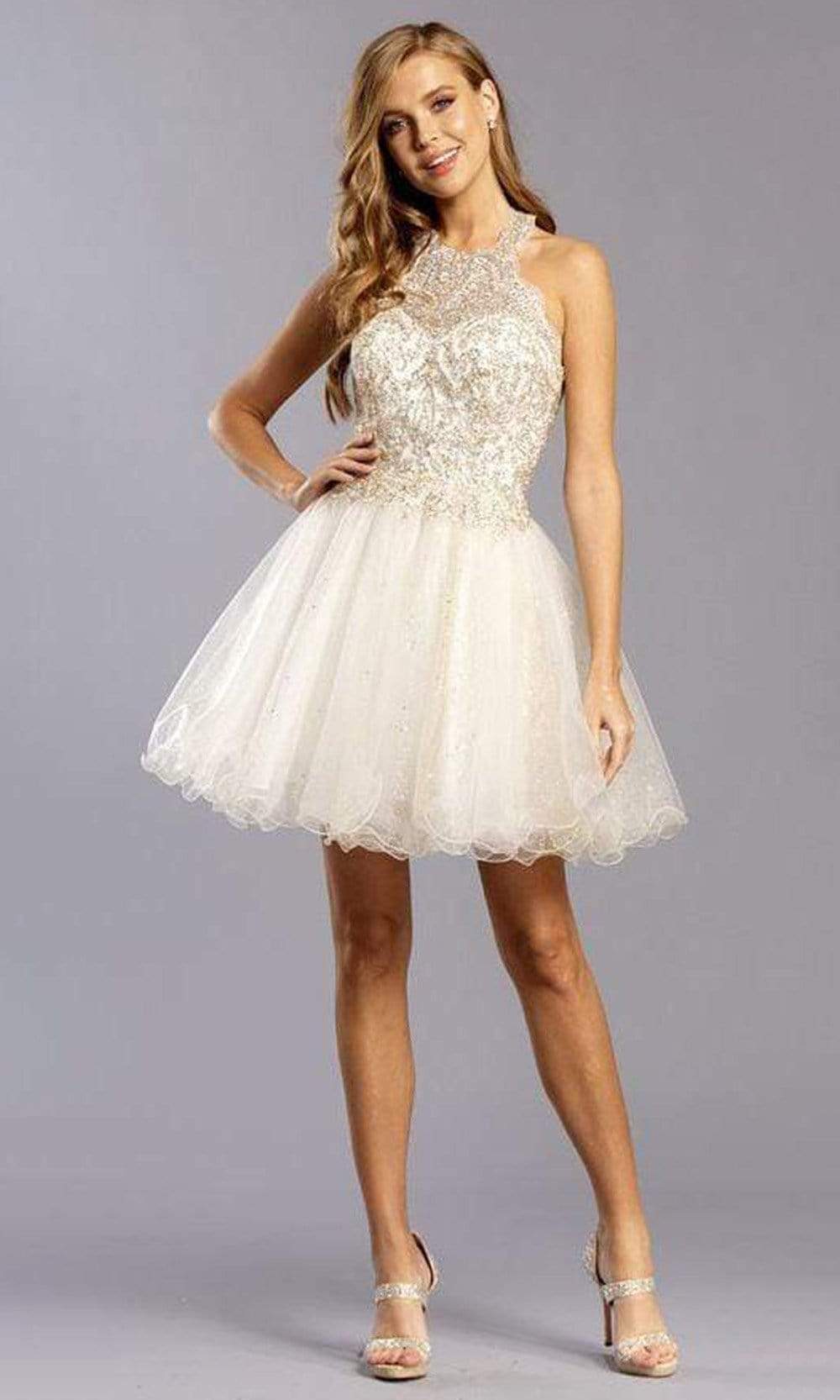 Image of Aspeed Design - S2282 Scalloped Sheer Halter Short Dress