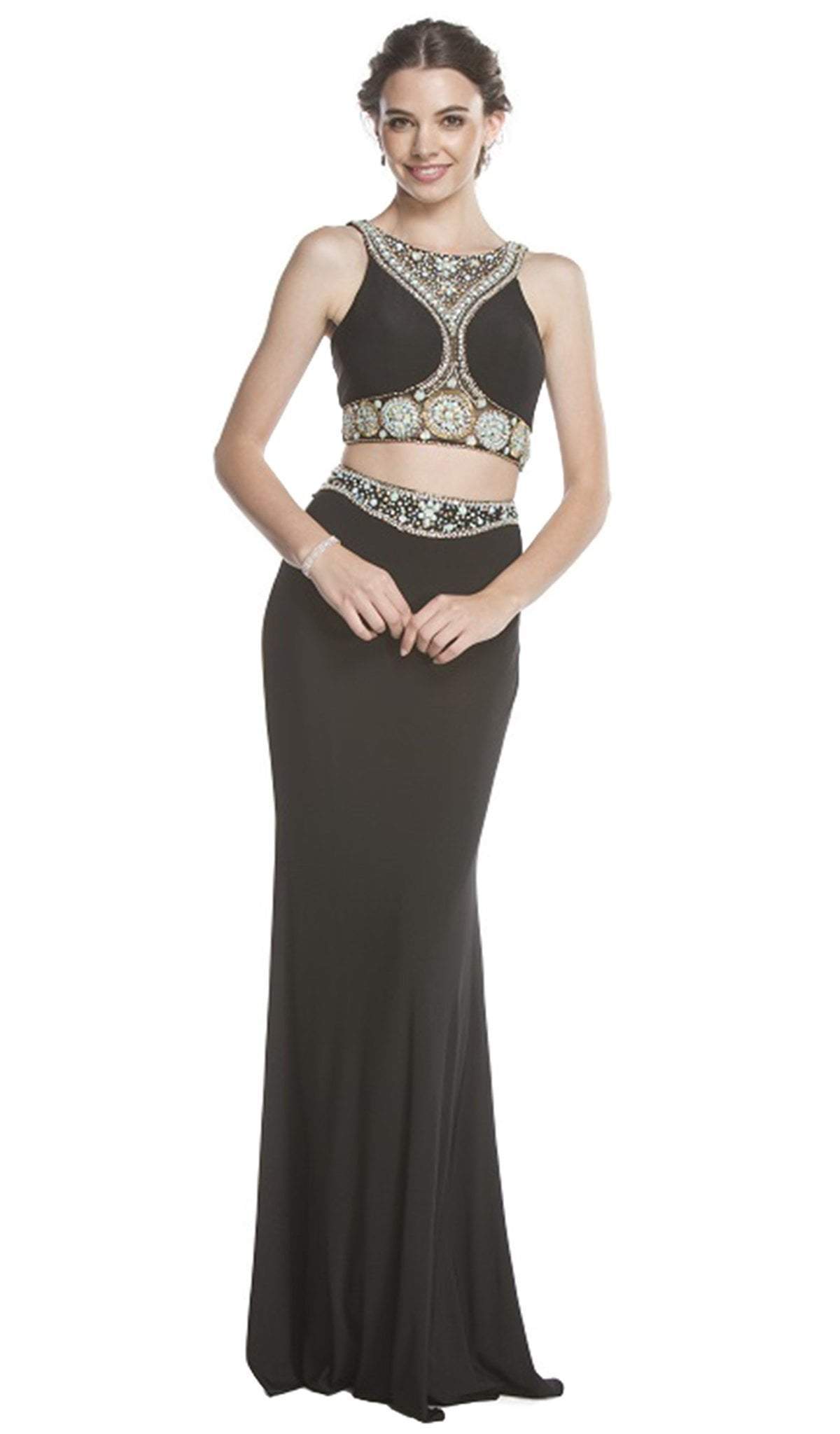 Image of Aspeed Design - Two Piece Bedazzled Halter Sheath Prom Dress