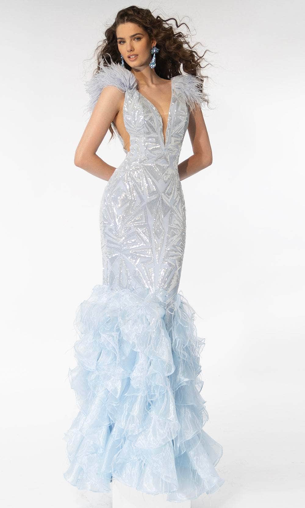 Image of Ava Presley 39315 - Feather Detailed Sleeveless Mermaid Evening Dress