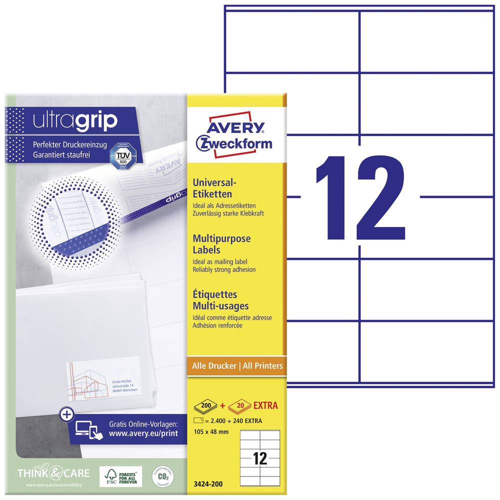 Image of Avery-Zweckform 3424-200 All-purpose labels 105 x 48 mm Paper White 2640 pc(s) Permanent adhesive Laser colour Laser