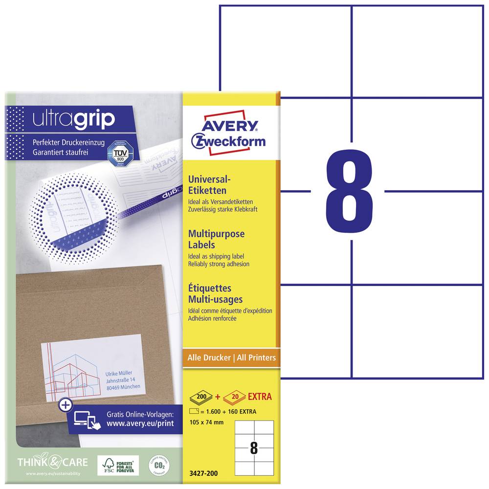 Image of Avery-Zweckform 3427-200 All-purpose labels 105 x 74 mm Paper White 1760 pc(s) Permanent adhesive Laser colour