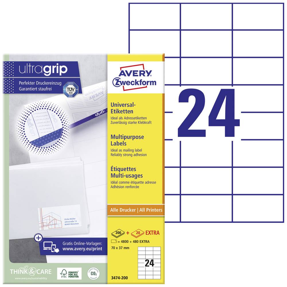 Image of Avery-Zweckform 3474-200 All-purpose labels 70 x 37 mm Paper White 5280 pc(s) Permanent adhesive Laser colour