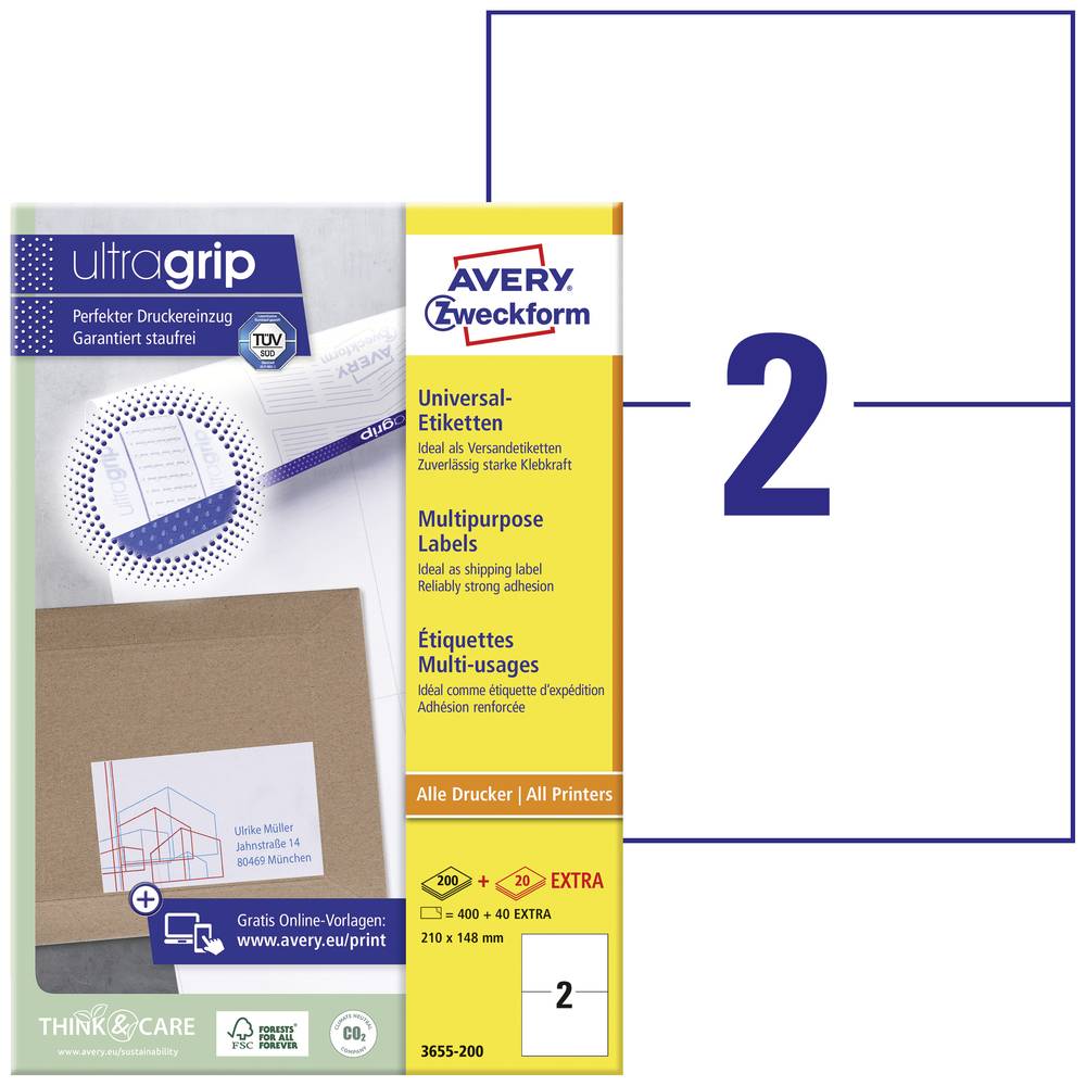 Image of Avery-Zweckform 3655-200 All-purpose labels 210 x 148 mm Paper White 440 pc(s) Permanent adhesive Inkjet printer Laser