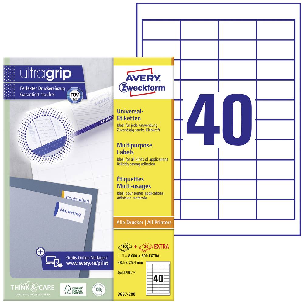 Image of Avery-Zweckform 3657-200 All-purpose labels 485 x 254 mm Paper White 8800 pc(s) Permanent adhesive Laser colour